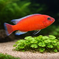 Red-Top Cichlid, Trewavas' (Labeotropheus trewavasae red) close view beside an aquarium plant - view 4