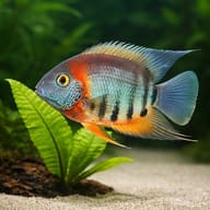 Redneck Severum (Heros sp. Rotkeil) close view beside an aquarium plant - view 4
