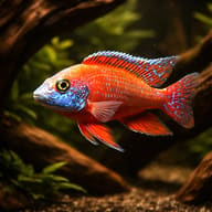 Rubin Red Peacock Cichlid swimming among green plants and curved wood, with raised blue-edged fins - view 2