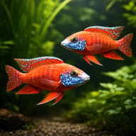 Two Rubin Red Peacock Cichlids swimming among green aquarium plants above pale gravel - view 3