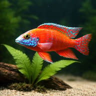 Rubin Red Peacock Cichlid above a broad green plant and dark wood with vivid blue fin markings - view 5
