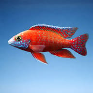 Rubin Red Peacock Cichlid in side profile against a blue background with blue-patterned fins - view 4