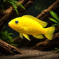 Saulosi Cichlid — Illustrative yellow Saulosi Mbuna in a rocky driftwood aquarium — representative image - view 2