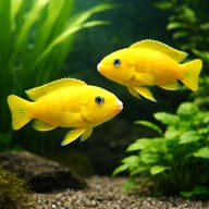 Saulosi Cichlid — Two illustrative yellow female or juvenile Saulosi Mbuna in a planted aquarium — representative image - view 3