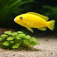 Saulosi Cichlid — Illustrative yellow Saulosi Mbuna swimming beside aquarium plants — representative image - view 5