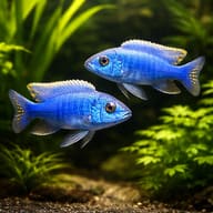 Electric Blue Hap — Two representative adult male Sciaenochromis fryeri colour examples - view 2