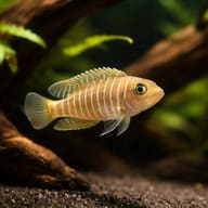 Neolamprologus multifasciatus — Multifasciatus Cichlid with vertical bands in an aquarium — representative image - view 1