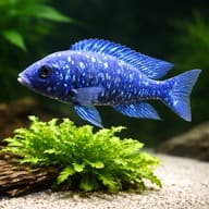 Mature male-form Star Sapphire Hap beside an aquarium plant; colour and sex are not guaranteed - view 4
