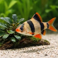 Tiger Barb HonkKong (Barbus Capoeta tetrazona h.k.) close view beside an aquarium plant - view 4