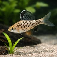 Indian High Fin Barb (Oreichthys cosuatis) close view beside an aquarium plant - view 4