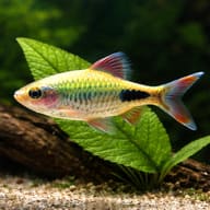 Mahecola Barb (Barbus mahecola) close view beside an aquarium plant - view 4