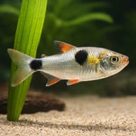 Bucktooth Tetra (Exodon paradoxus) close view beside an aquarium plant - view 4