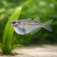 Blackwing hatchefish — Blackwing hatchetfish (Carnegiella marthae) close view beside an aquarium plant - view 4