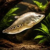 Clown Knifefish (Notopterus chitala) in large dim freshwater aquarium — representative image - view 1