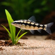 Dwarf Chain Loach (Ambastaia sidthimunki) in a planted community aquarium — close view showing fin and scale detail - view 4