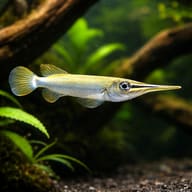 Malayan Halfbeak (Dermogenys pusilla) near driftwood at the aquarium surface — representative image - view 1