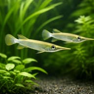 Malayan Halfbeak (Dermogenys pusilla) — Pair of Malayan Halfbeaks among floating and planted cover — representative image - view 2
