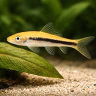 Chinese algae eater black (Gyrinocheilus aymonieri black gold) close view beside an aquarium plant - view 4