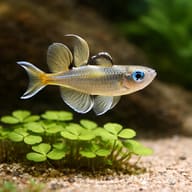 Pacific Blue-Eye (Pseudomugil signifer) close view beside an aquarium plant - view 4