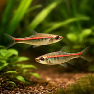 Redline Rasbora (Rasbora pauciperforata) — Representative digital illustration of two Redline Rasboras in a planted aquarium - view 2