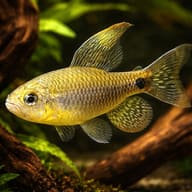 Sailfin Tetra (Crenuchus spilurus) among driftwood in a shaded planted aquarium — representative image - view 1