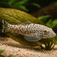 Sucker-belly loach (Pseudogastromyzon myersi) close view beside an aquarium plant - view 4