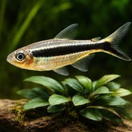 Penguin Tetra (Thayeria boehlkei) close view beside an aquarium plant - view 4