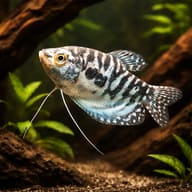 Representative Cosby Gourami with marbled blue-black pattern in a planted aquarium - view 1