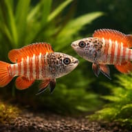 Honey Dwarf Gourami Red (Colisa chuna red) pair in a planted aquarium - view 2