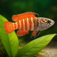 Honey Dwarf Gourami Red (Colisa chuna red) close view beside an aquarium plant - view 4
