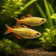 Dwarf Australian Rainbow (Melanotaenia maccullochi) pair in a planted aquarium - view 2