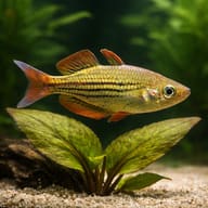 Dwarf Australian Rainbow (Melanotaenia maccullochi) close view beside an aquarium plant - view 4