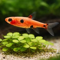 Dwarf Rasbora — Boraras maculatus scale reference among aquarium plants — representative image - view 4