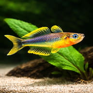 Forked-Tail Rainbowfish (Popondetta furcata) close view beside an aquarium plant - view 4