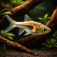 Glowlight Rasbora (Trigonostigma hengeli) side profile among aquarium driftwood — representative image - view 2