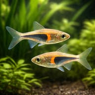Glowlight Rasbora (Trigonostigma hengeli) — Two Glowlight Rasboras in a planted aquarium — representative image - view 3
