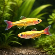 Gold White Cloud (Tanichthys albonubes golds) pair in a planted aquarium - view 2