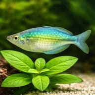 Lake Kutubu Rainbowfish (Melanotaenia lacustris) close view beside an aquarium plant - view 4