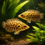 Spotted climbing perch (Ctenopoma acutirostre) pair in a planted aquarium - view 2