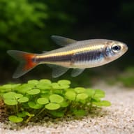 Loreto tetra (Hyphessobrycon loretoensis) close view beside an aquarium plant - view 4
