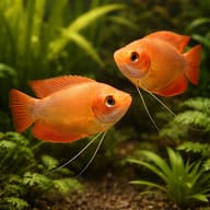 Orange Thick-Lipped Gourami (Colisa labiosa) pair in a planted aquarium - view 2