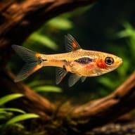 Representative Phoenix Rasbora (Boraras merah) in planted driftwood; not the exact fish supplied - view 2