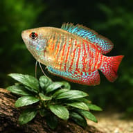 Rainbow Dwarf Gourami (Colisa lalia rainbow) close view beside an aquarium plant - view 4
