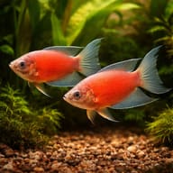 Red Paradise Fish (Macropodus opercularis red) pair in a planted aquarium - view 2