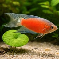 Red Paradise Fish (Macropodus opercularis red) close view beside an aquarium plant - view 4
