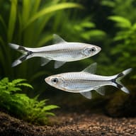 Scissortailed Rasbora, Thre (Rasbora trilineata) pair in a planted aquarium - view 2