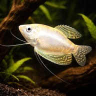 Spotted Gourami, Blue Goura (Trichogaster trichopterus silver platinum) pair in a planted aquarium - view 1