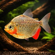 Silver Dollar fish (Metynnis hypsauchen) swimming beside aquarium driftwood — representative image - view 1