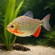 Silver Dollar fish (Metynnis hypsauchen) beside broad-leaved aquarium plants — representative image - view 4