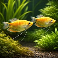 Three-Spot Gourami Mix — Two representative gold-form Three-Spot Gouramis in a planted aquarium - view 2